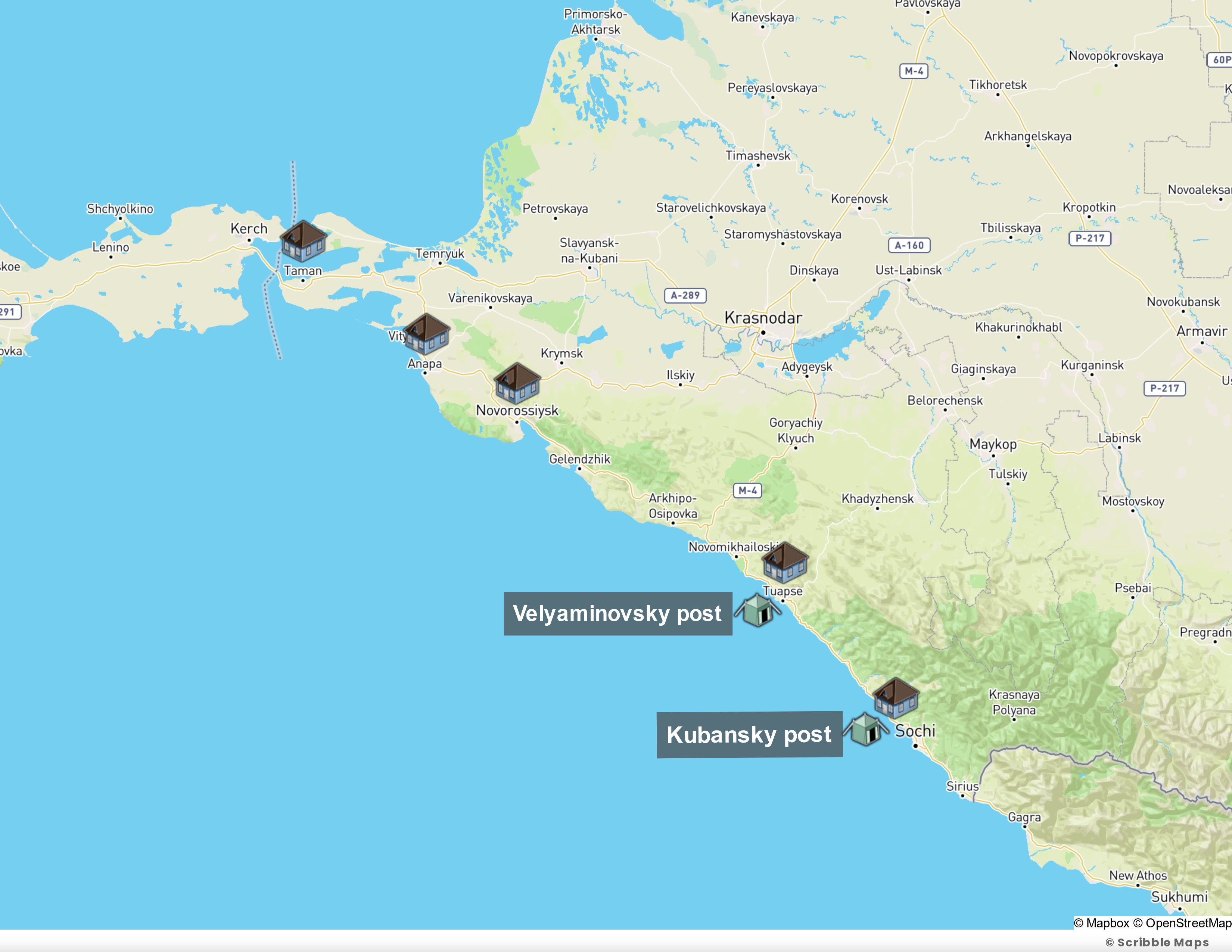 Map of the location of resettlement commissions and places of resettlement for the Circassians in 1863-64