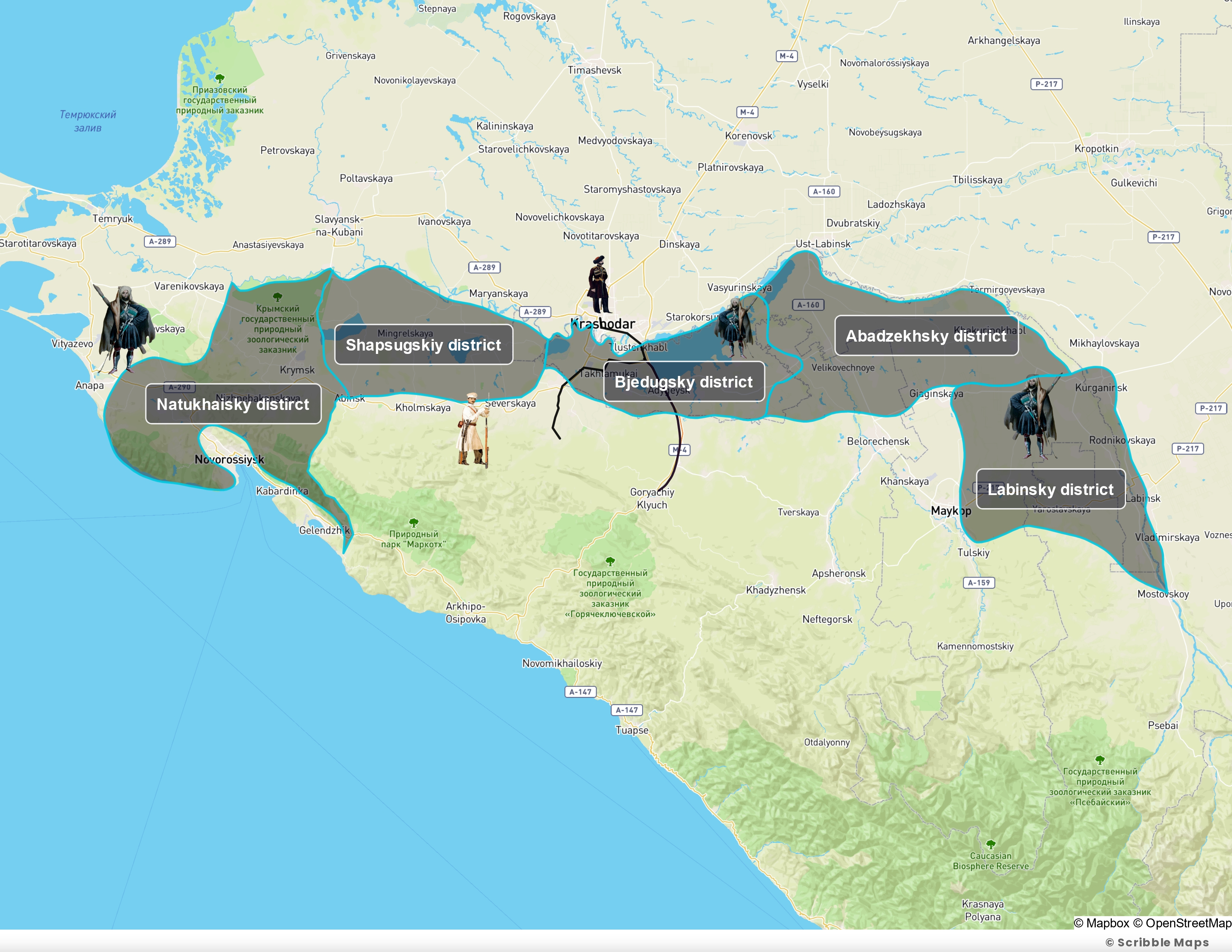 Military districts with Circassian population in 1863