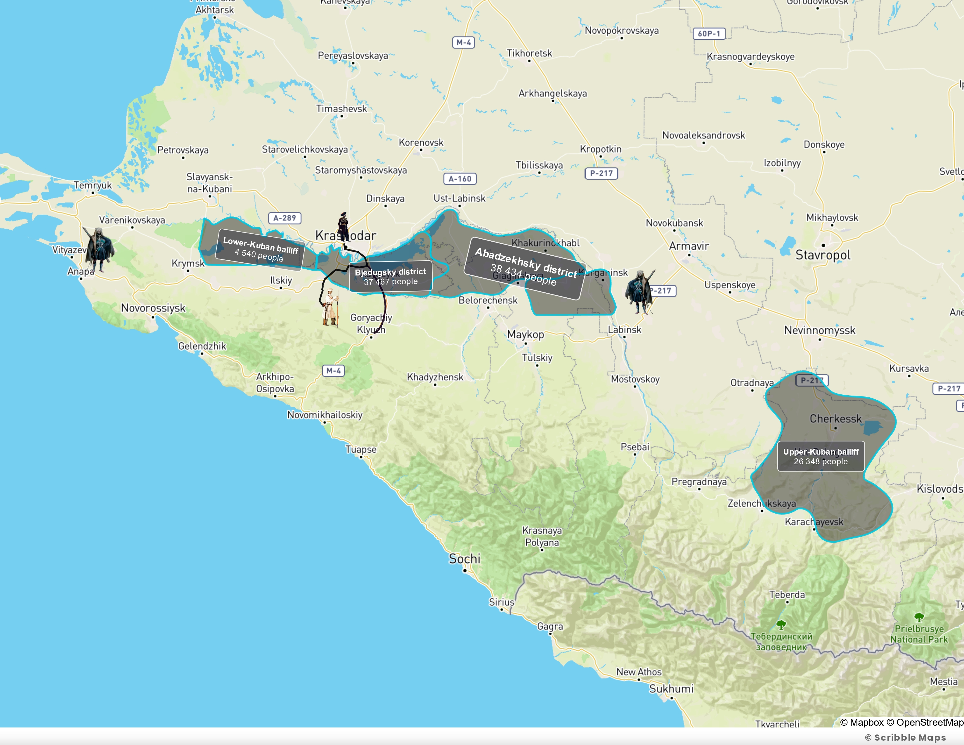 Map showing the distribution of the remaining Circassian and Abazin populations in 1864